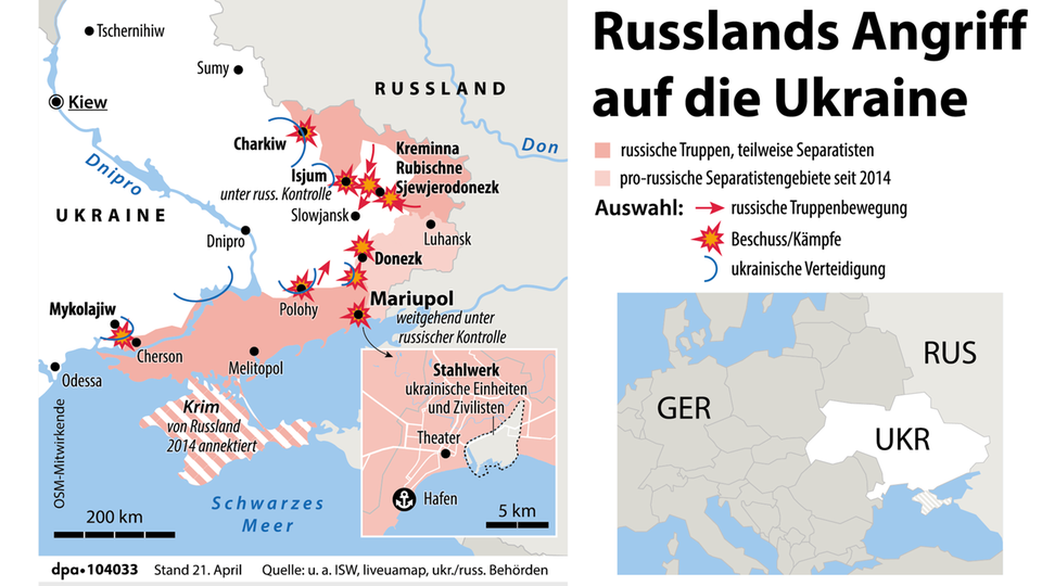 Umkämpfte Gebiete im Osten der Ukraine (Stand 21. April)