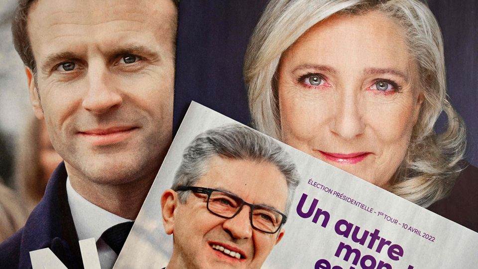 Emmanuel Macron (l.) und Marine Le Pen haben die größten Chancen auf das Präsidentenamt in Frankreich, Linkspolitiker Jean-Luc Mélenchon (u.) liegt in Umfragen auf dem dritten Rang 